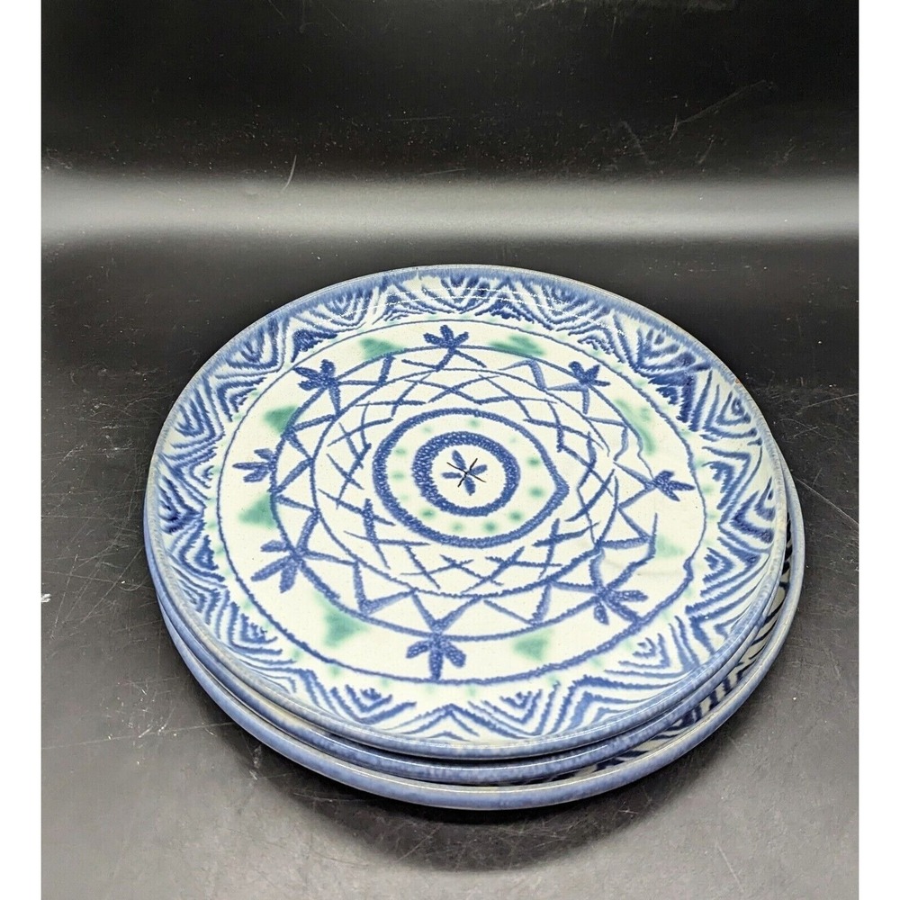 Set/3 Studio Art‎ Pottery 10" Terrace Plates Blue Pattern Signed Aida